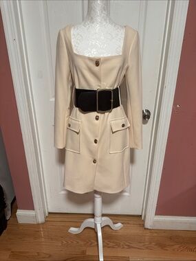 Karen Millen Cream Stretch Belted Trim Mini Dress